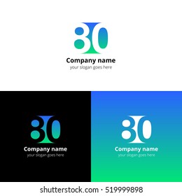 80 logo icon flat and vector design template. Monogram years numbers eight and zero. Logotype eighty with green-blue gradient color. Creative vision concept logo, elements, sign, symbol.