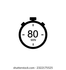 icono vector de 80 minutos. El símbolo de tiempo izquierdo está aislado. Señal negra de Stopwatch Vector EPS 10.