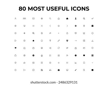 80 most used icon set, vector icon, popular icons, basic, 
