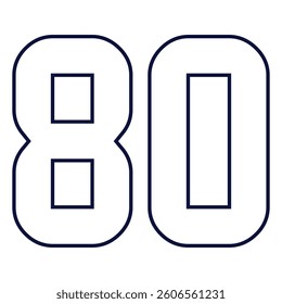 80 number classic american, college style font. Uniform letter in black with a black outside contour line. Vintage sport font.For jersey, t-shirt, basketball, baseball, football. Isolated vector