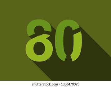 80 Número con sombra larga, color verde estilo de corte. Para logotipo, etiqueta de marca, elementos de diseño, identidad corporativa, aplicación y más. Ilustración modificable del vector.