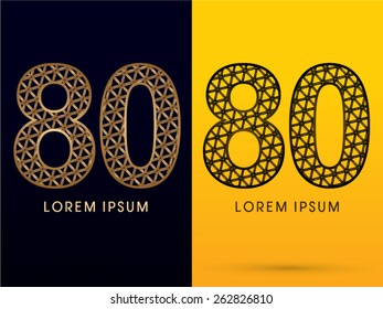 80 ,Number, Luxury font, designed using gold and black triangle geometric shape. on dark and yellow  background, sign ,logo, symbol, icon, graphic, vector.