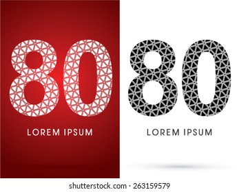 80 ,Number, Modern font, designed using white and black triangle geometric shape. on red and white background, ,logo, symbol, icon, graphic, vector.