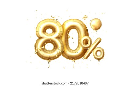 80 Off balloons, discount sale, balloon in the form of a digit, golden confetti. Vector illustration.