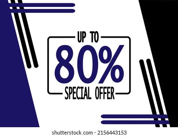 Up to 80% off banner. Discount offer in blue and black.