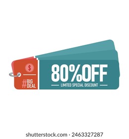 80% Off Big Deal limited special discount. A eighty percent discount blue sticker label with the shape of a colour pallete with a red detail.