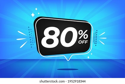 80% de descuento. Banner azul con 80 por ciento de descuento en un globo negro para grandes ventas.