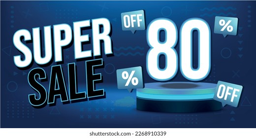 80% de descuento. Banner azul con 80 por ciento de descuento en un podio azul para súper megaventas.