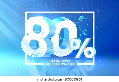 80 Off. Discount creative composition. 3d sale symbol with decorative objects. Sale banner and poster. Vector illustration.