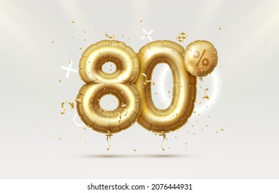 80. Descubre la composición creativa. 3d Símbolo de la venta de oro con objetos decorativos, globos con forma de corazón, confeti dorado, podio y caja de regalo. Cartel y afiche de venta. Ilustración vectorial.