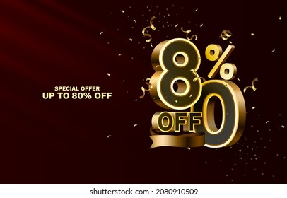 80 Off. Discount creative composition. 3d sale symbol with decorative objects, golden confetti, podium and gift box. Sale banner and poster. Vector illustration.