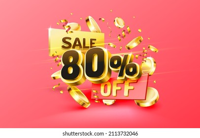 80 Off. Discount creative composition. 3d sale symbol with decorative objects, golden confetti, podium and gift box. Sale banner and poster. Vector illustration.