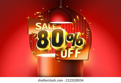 80 Off. Discount creative composition. 3d sale symbol with decorative objects, golden confetti, podium and gift box. Sale banner and poster. Vector illustration.