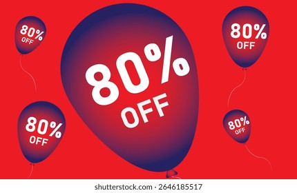Desconto de 80%. Desconto no seu preço. Fundo vermelho composto de quatro balões vermelhos e azuis com os números em branco..eps