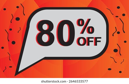 Desconto de 80%. Desconto no seu preço. Número preto com contorno laranja dentro de um balão branco e fundo laranja composto de elementos gráficos pretos.eps
