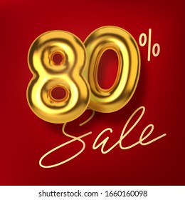 80 off discount promotion sale made of realistic 3d gold balloons. Number in the form of golden balloons. Template for products, advertizing, web banners, leaflets, certificates and postcards. Vector 