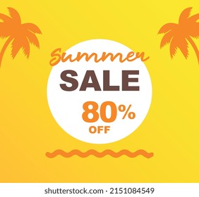 80% de descuento para compras. Ilustración vectorial de la promoción para las ventas de verano. Cocoteros, sol, mar. Diseño para medios sociales, banner, afiche, anuncios, marketing, tiendas minoristas.