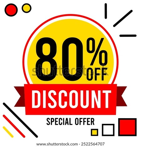 80% off discount 80 % off special offer eighty percent off discount 80%off Promotions with black and white numbers yellow ball circle and red drawings.eps