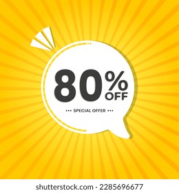 80% off. Discount vector for sales, labels, promotions, offers, stickers, banners, tags and web stickers. New offer. White discount balloon emblem on yellow background.