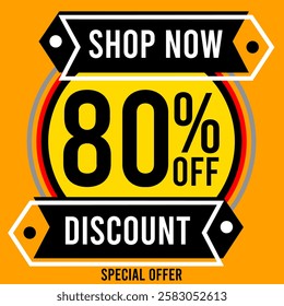 80% off eighty percent off, 80%off shop now discount special offer 80 % off Promotions with black and white numbers letters, balls red yellow black gray circles, Orange background colorful designs.eps