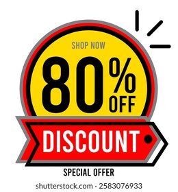 80% off eighty percent off, 80%off, shop now discount special offer 80 % off with black and white gray numbers letters, balls red yellow black gray circles, White background, colorful designs.eps