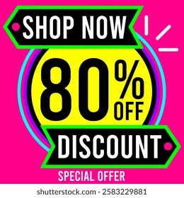 80% off Eighty percent off 80%off shop now discount special offer 80 % off Letters numbers black white, pink background, yellow balls and circles black purple blue, green and colorful designs.eps