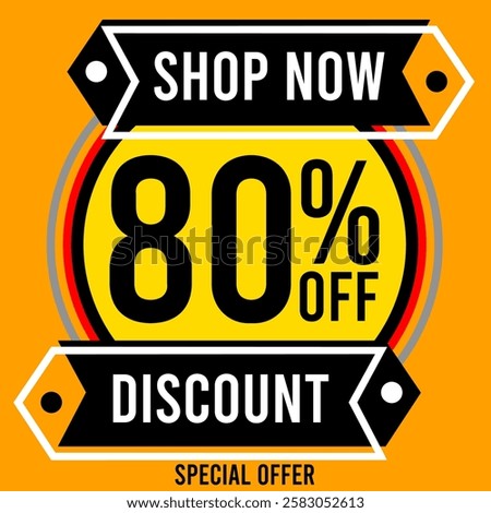 80% off eighty percent off, 80%off shop now discount special offer 80 % off Promotions with black and white numbers letters, balls red yellow black gray circles, Orange background colorful designs.eps