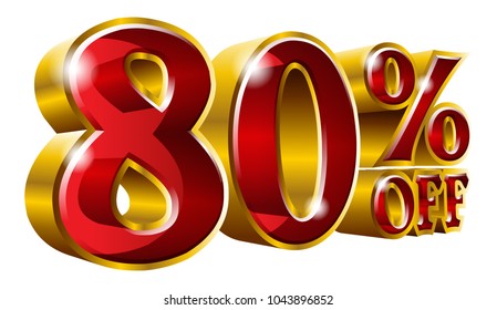 80% off - Eighty percent off discount gold and red sign. Vector illustration. Special Offer 80 % Off Discount Tag. Ideal for Sticker, Banner, Advertising, TV Commercial and any kind of Decoration.