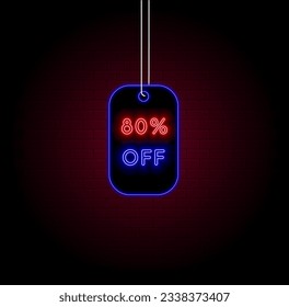 80% de descuento. ochenta por ciento de descuento. estilo neón. mejor venta de fin de semana. Oferta especial. tiempo limitado. ilustración del vector neon. fondo de ladrillos. Rojo y negro.