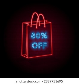 80% off. eighty percent off. neon style. brick wall background in red color. Sale symbol with decorative objects. Price tag. 3D shopping bag. Sale banner and poster. Vector illustration.