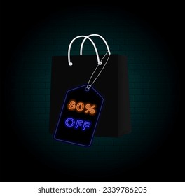 80% off. eighty percent off. neon style. Shopping bag. big offer, sale, special offer tag. sticker, tag, banner, advertising, offer icon. brick wall background.