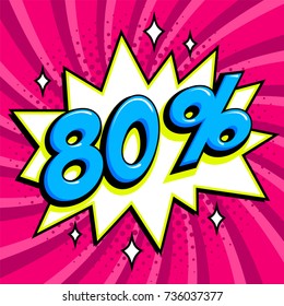80% off. Eighty percent off sale on pink twisted background. Comics pop-art style bang shape. Seasonal sale banner. falling prices discounts. Vector illustration