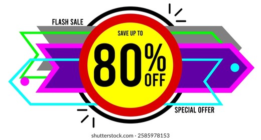 80% off eighty-five percent off 80%off flash sale 80 save up to 80 % off % letters black numbers, white background, black white red yellow balls, colorful designs.eps