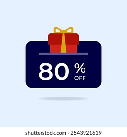 80% off Gift card Discount. Eighty percent off gift box. Vector illustration. Flat icon.