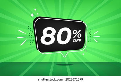 80% off. Green banner with eighty percent discount on a black balloon for mega big sales.
