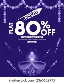 80% Off Happy Diwali Promotion Sale Banner Design Template. Diwali Diya oil lamp with firecrackers background on Diwali festival. Vector illustration