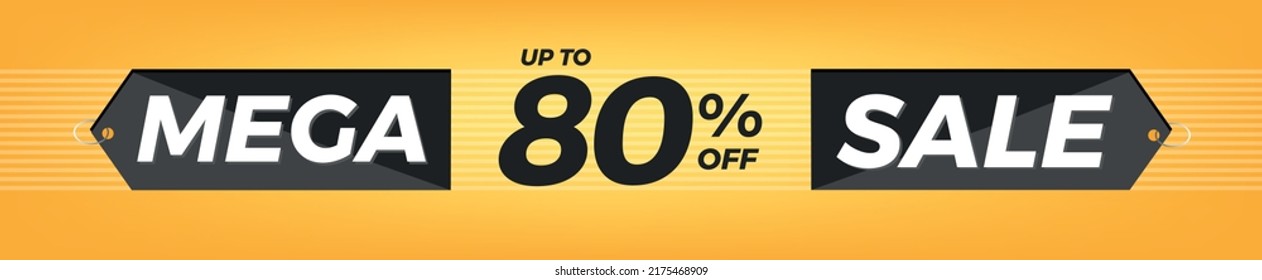 80% off. Horizontal yellow banner. Advertising for Mega Sale. Up to eighty percent discount for promotions and offers.