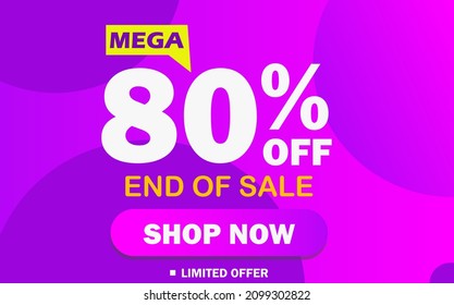 80% de descuento mega. 80% fuera de venta. Banner para venta rápida, promoción, oferta y descuentos. Banner colorido, gradiente morado y rosa. Ilustración vectorial EPS 10