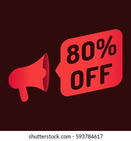 80% off. Megaphone icon. Vector illustration on dark background. Can be used business company for sale season or for black friday.