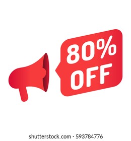 80% off. Megaphone icon. Vector illustration on white background. Can be used business company for sale season or for black friday.