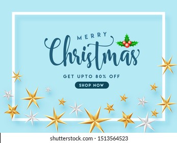 Up To 80% off for Merry Christmas banner or poster design decorated with stars.