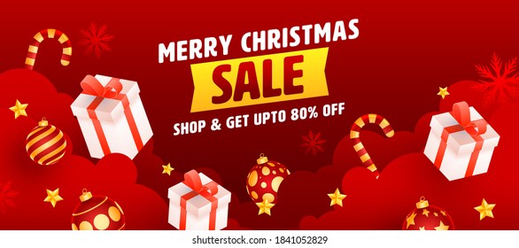 HASTA Un 80% De Descanso Para La Mega Venta De Feliz Navidad Encabezado O Diseño De Banner En Color Rojo Con Cajas De Regalo 3D, Baudibles, Cañones De Candy Y Estrellas De Oro.