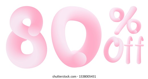 80% off Numbers made of chewing gum for design selling poster / banner promotion . Bubble Gum text. Isolated on white background. Vector 3d font . Discount tag , advertising , special offer