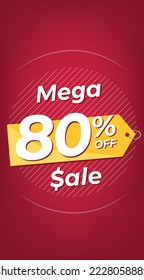 80 % Rabatt. Roter Rabattbanner mit 80 Prozent. Werbung für Mega-Sale-Werbung. Stories-Format