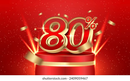 80% off, Red discount sale podium, Gold discount promotion 80%. Vector illustration