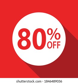 80% off red text in white circle on red background