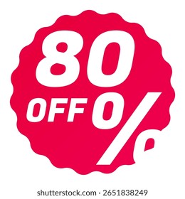 80% Off Round starbursts zigzag shape sales badge icon in red color, Shopping label concept for sales tags. Colorful flat design for app ads web button ui ux elements isolated on white background