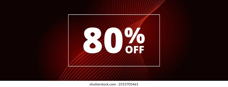 80 off sale banner. Abstract red glowing wavy lines on black wide background. 80 percent off holiday sale discount. Vector illustration