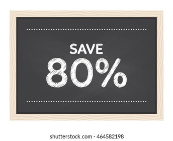 80% off. Sale and discount price sign on blackboard texture with chalk. Concept Shopping.