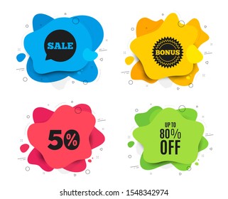 Up to 80% off Sale. Liquid shape, various colors. Discount offer price sign. Special offer symbol. Save 80 percentages. Geometric vector banner. Discount tag text. Gradient shape badge. Vector